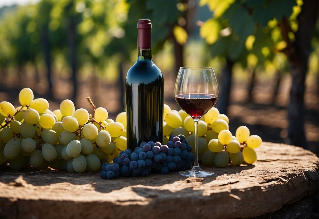 A vineyard with ripe grapes and a bottle of Amarone evolving over time