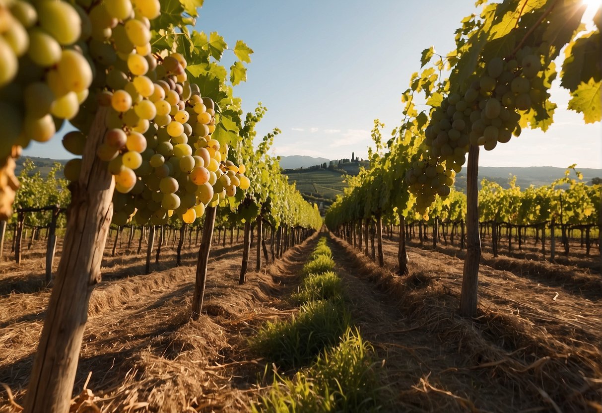 Vineyards in the rolling hills of Valpolicella, Italy, with rows of grapevines basking in the warm sunlight, ready to be harvested for the production of Amarone wine