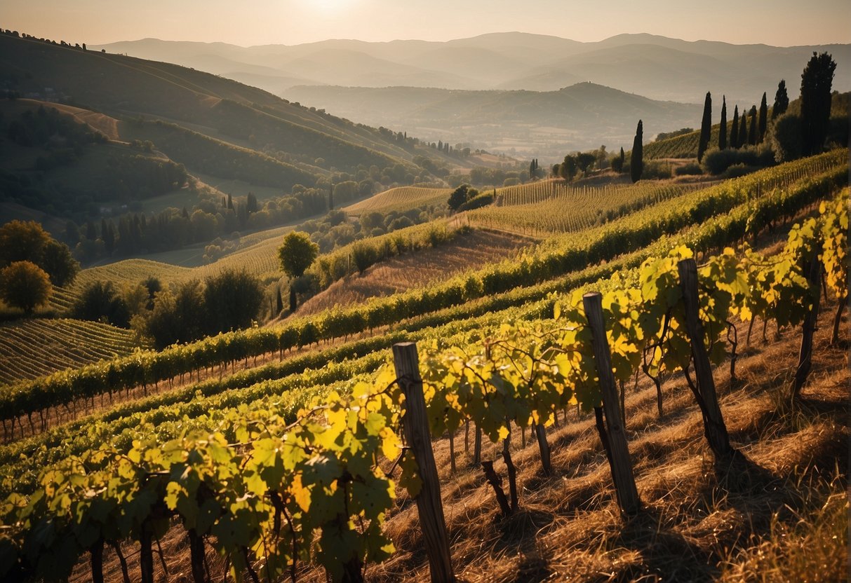 Rolling hills of Valpolicella, vineyards bathed in golden sunlight. Grapes hang heavy on the vines, ready for the winemaking process. Rich soil and a warm climate create the perfect terroir for producing the finest Amar