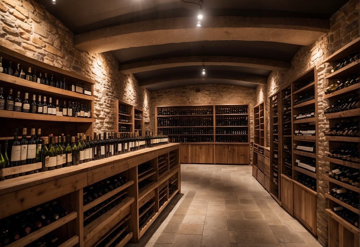 A rustic wine cellar with rows of wooden shelves displaying bottles of Amarone. A customer purchasing a bottle from a friendly shopkeeper