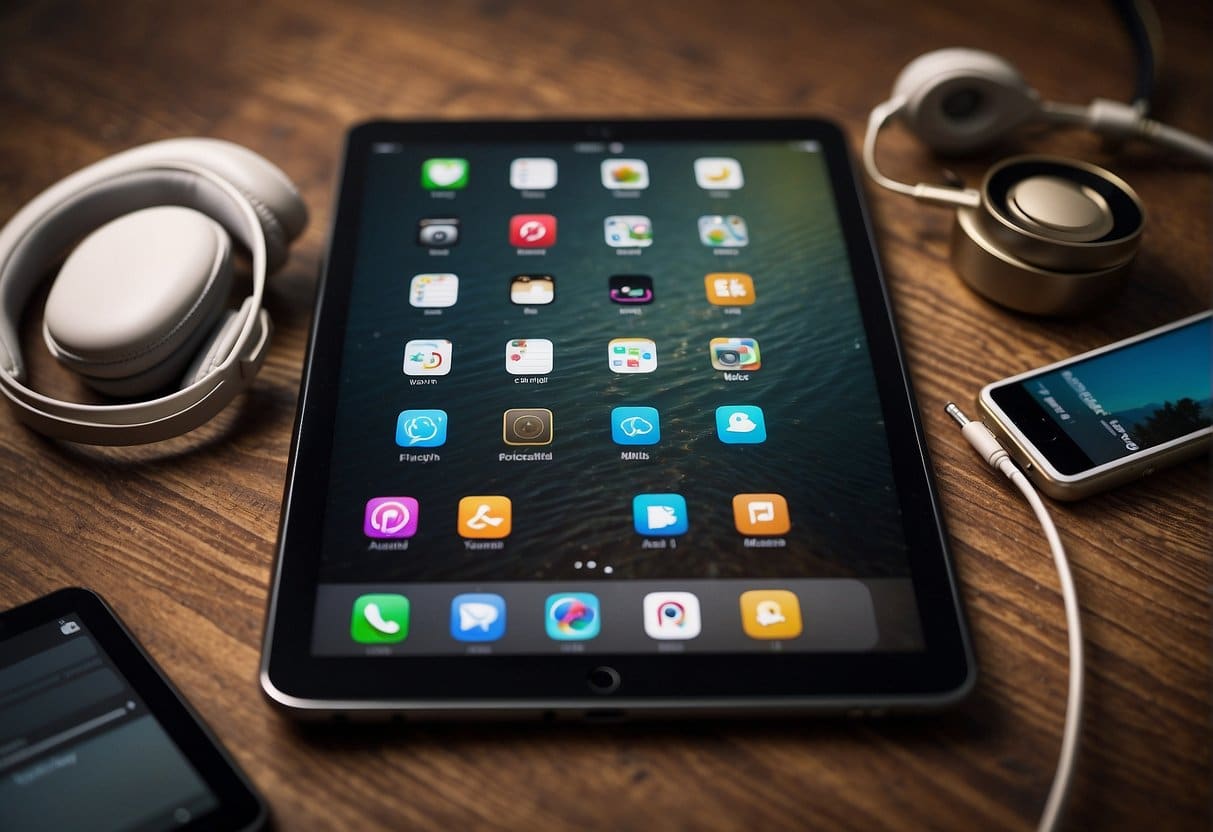 An iPad displaying various app icons, including social media, productivity, and entertainment apps, with a stylus and headphones nearby