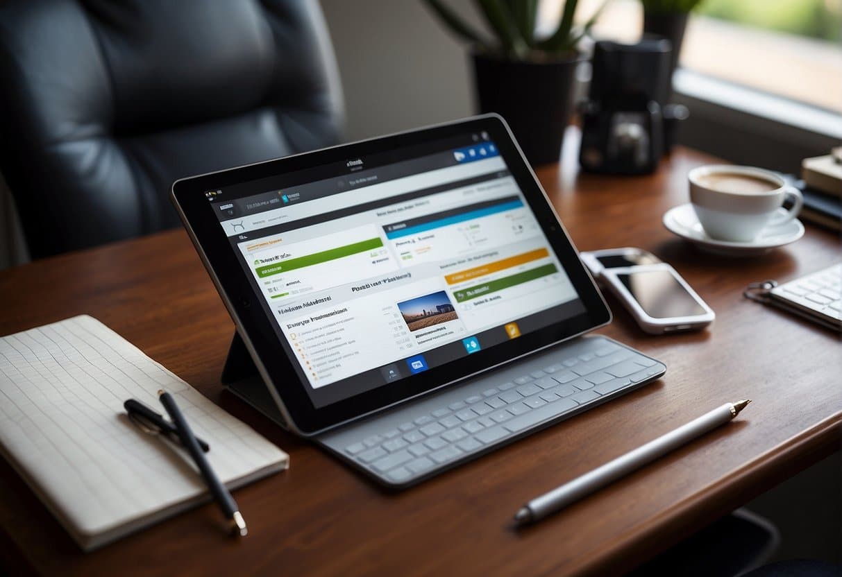 A sleek iPad displaying various productivity apps on a desk with a stylus and notebook nearby