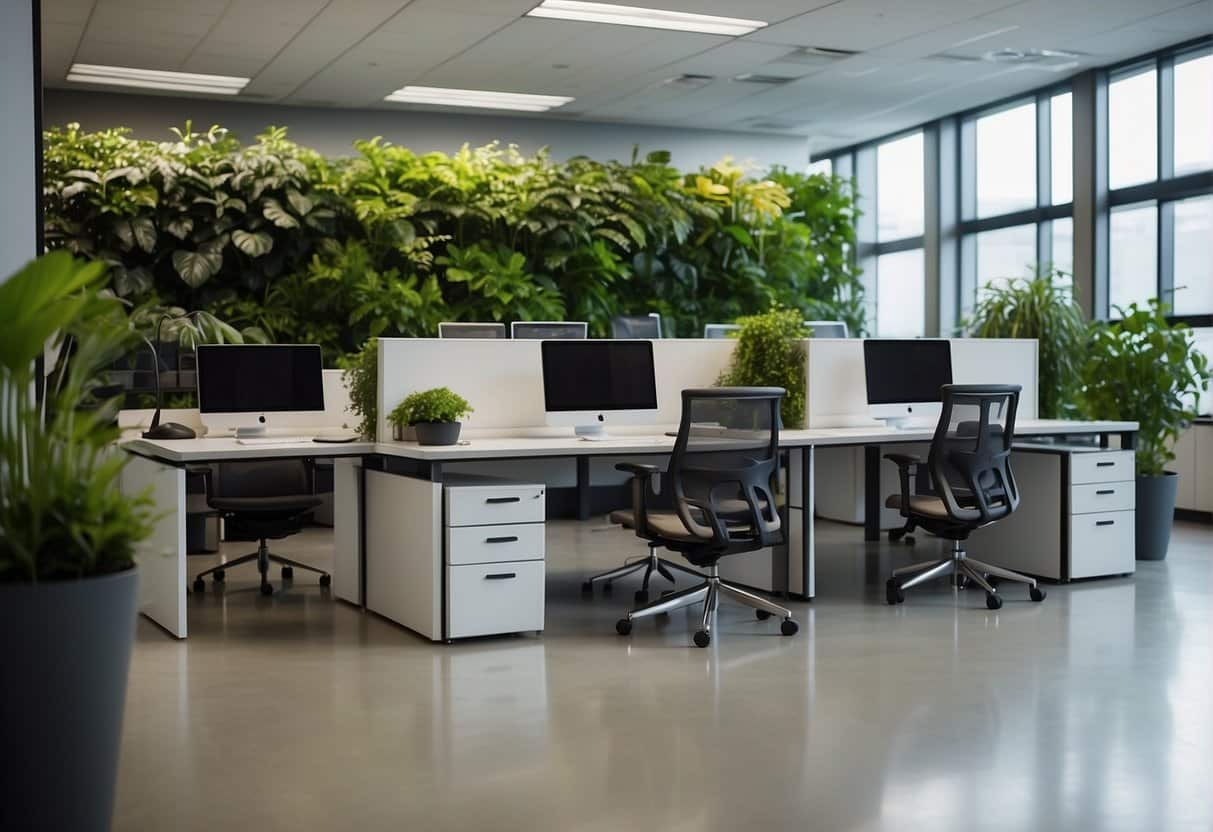 A modern office space with bright, open layout, ergonomic furniture, and greenery. The atmosphere is lively and collaborative, with employees engaged in various tasks