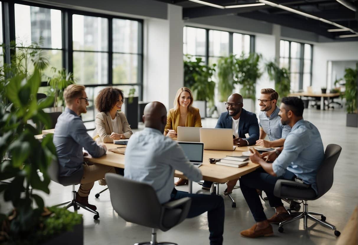 A diverse group of people collaborating and networking in a modern, open-plan office space with natural light and greenery