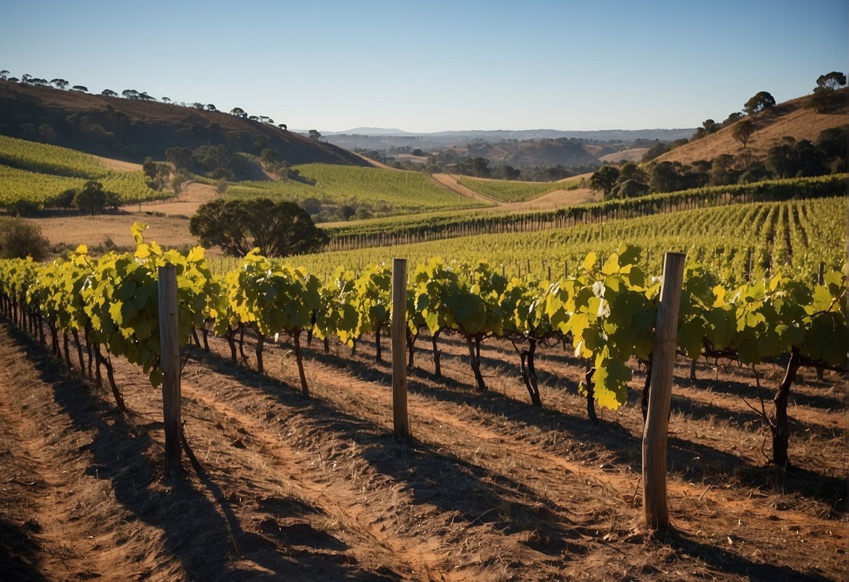 A rustic vineyard nestled in the Australian countryside, with rows of lush grapevines stretching towards the horizon under a clear blue sky