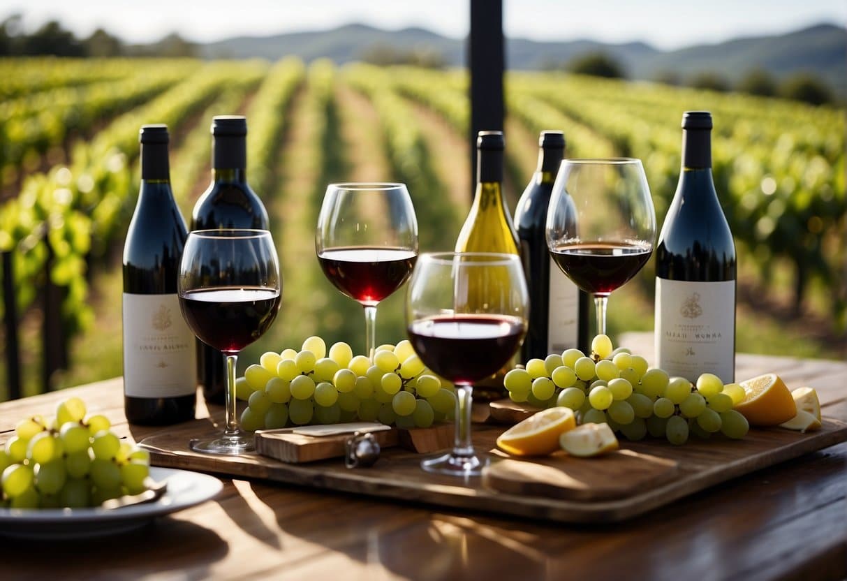 A table with a variety of Australian wine bottles and glasses, surrounded by lush green vineyards and a clear blue sky