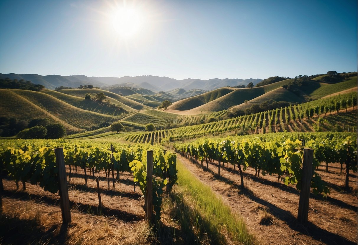 Vibrant vineyards under the Australian sun, rows of lush grapevines stretching into the distance, with a backdrop of rolling hills and clear blue skies