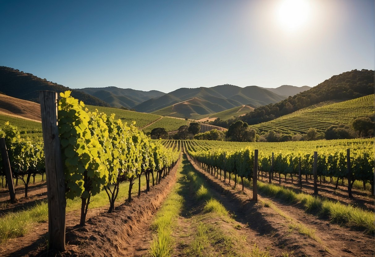 Vineyard in Australia, with lush green vines stretching across the rolling hills, under a clear blue sky. A rustic winery sits in the distance, surrounded by picturesque scenery