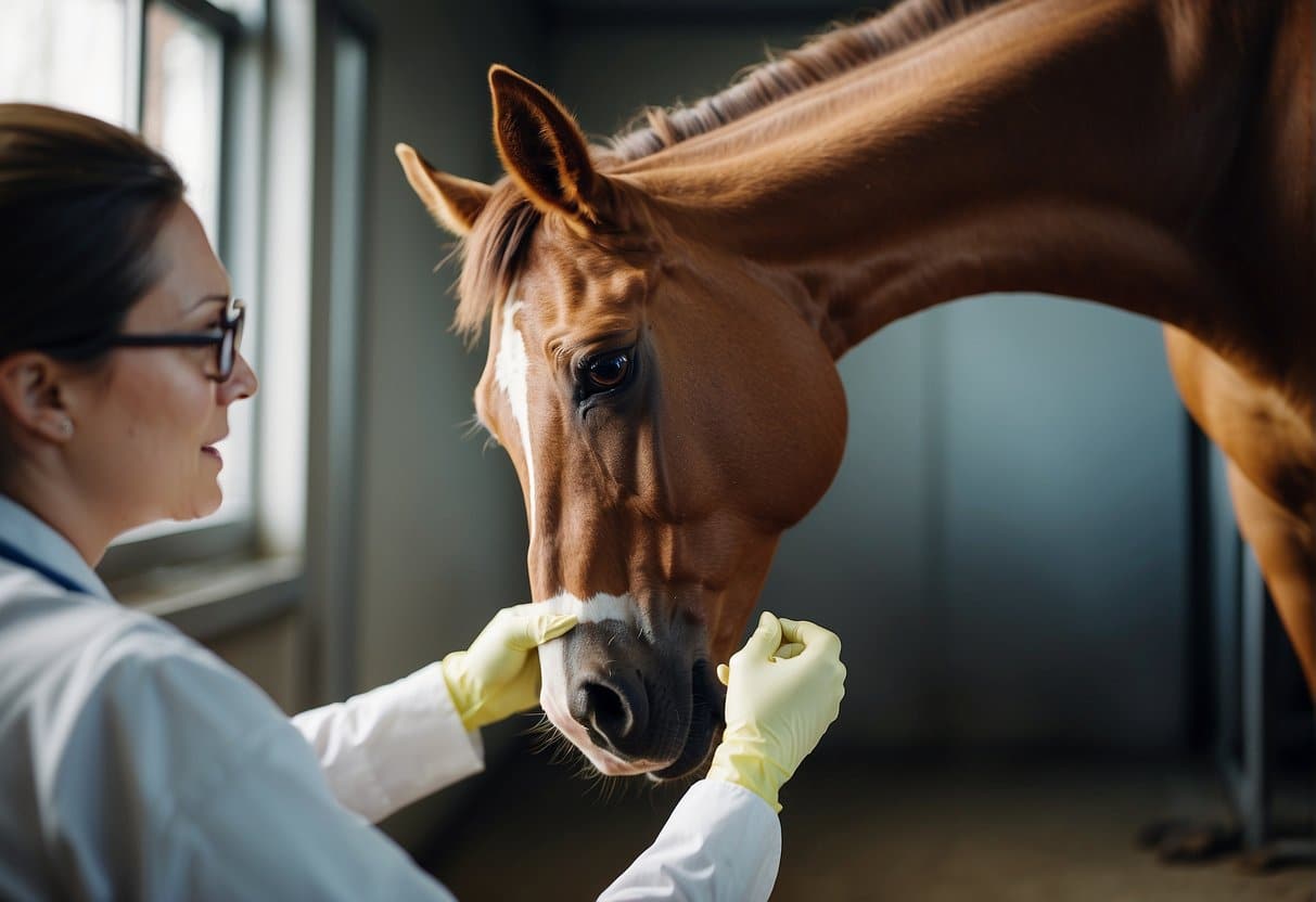 A horse with a swollen and inflamed udder, being examined by a veterinarian and receiving treatment