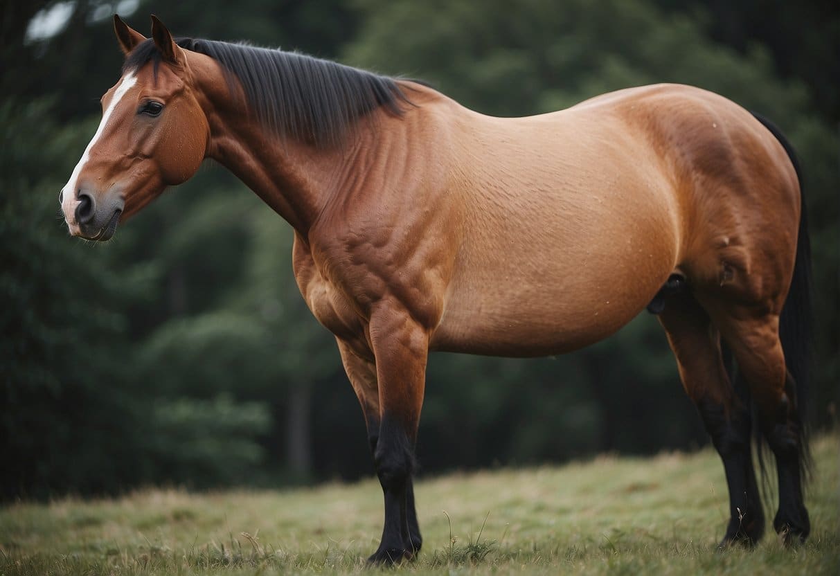 A horse with matted and tangled hair, struggling to move comfortably