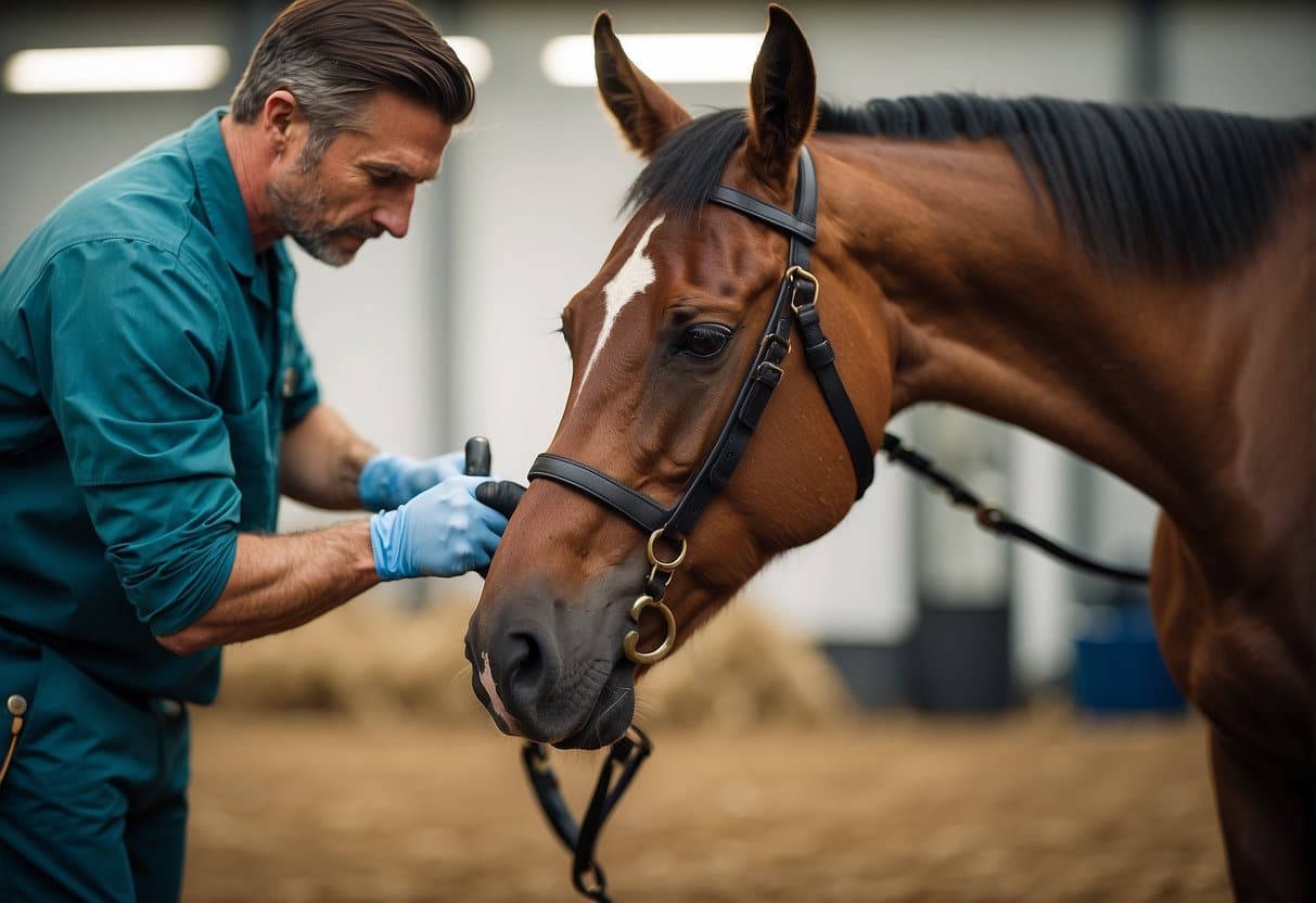 A veterinarian and a horse working together for the best treatment of a horse with a hoof condition