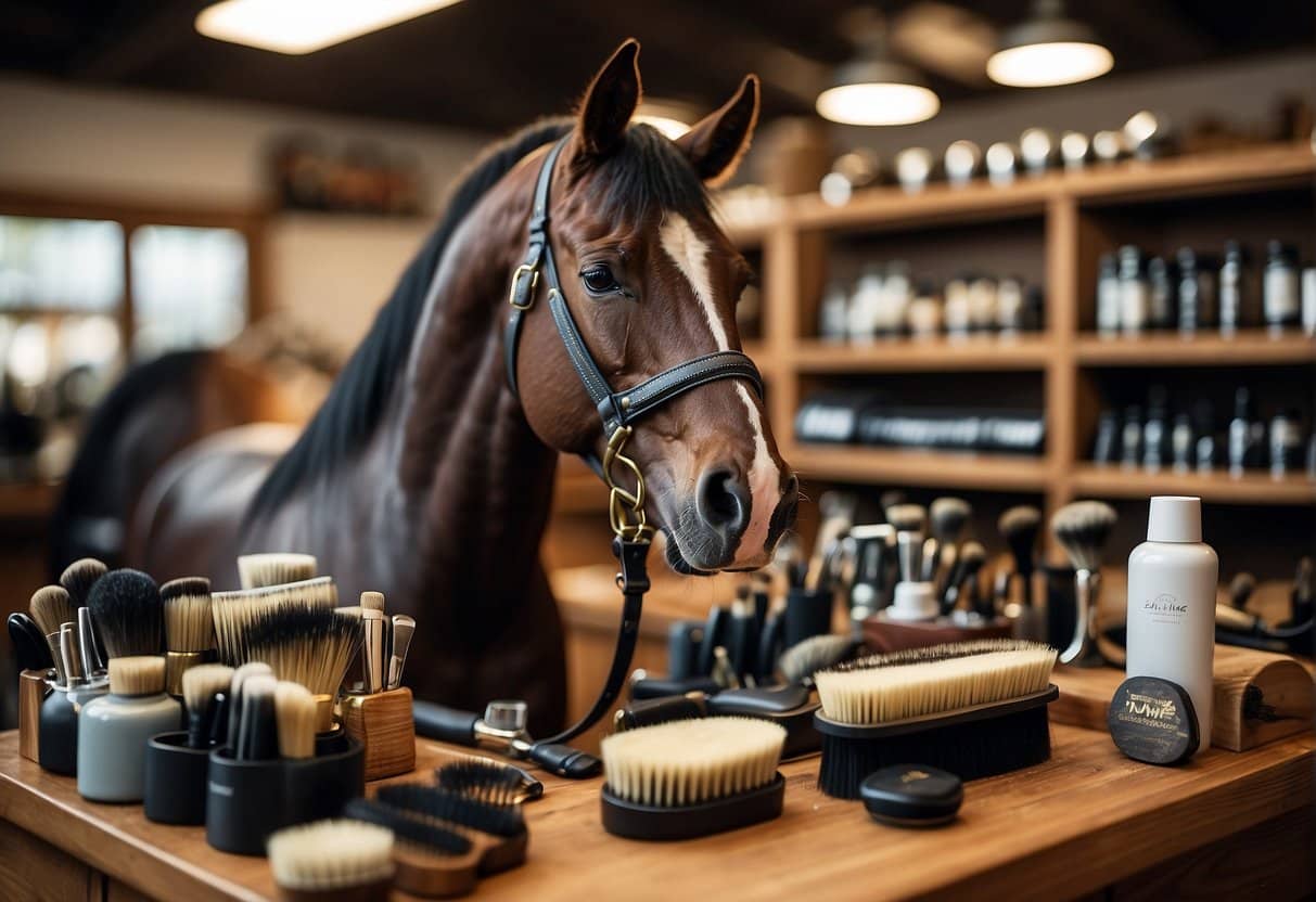 A horse grooming station with brushes, combs, and grooming products neatly organized on shelves. Horses peacefully grazing in the background