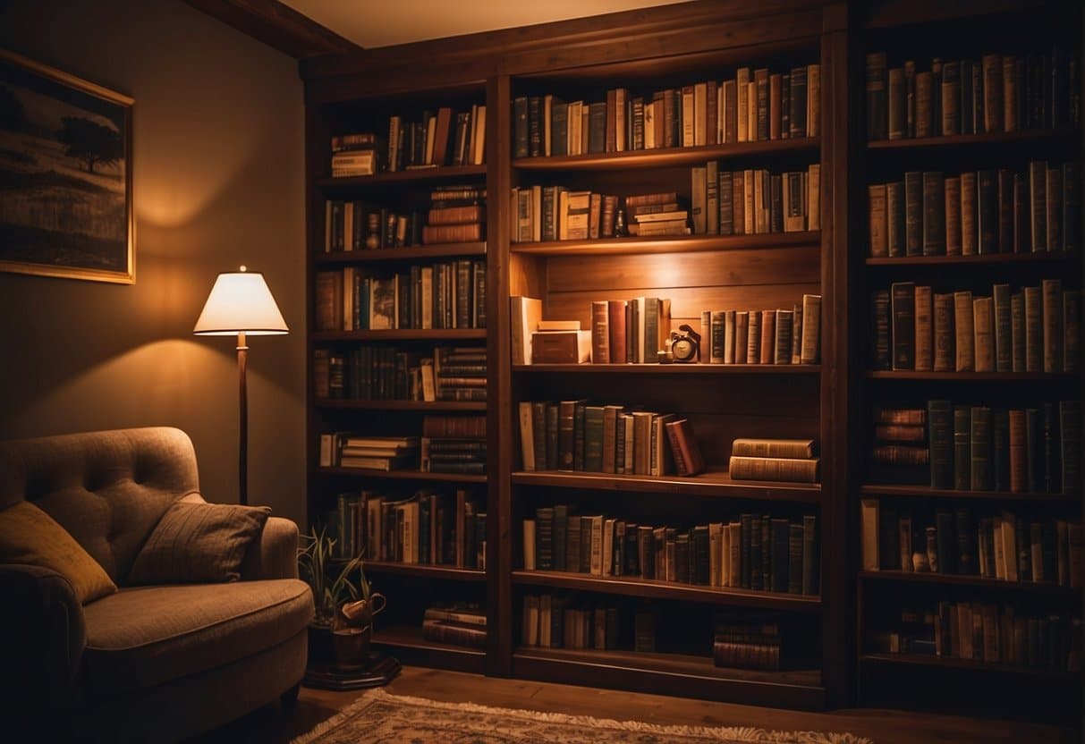 A cozy bookshelf with a variety of self-help books on self-worth, surrounded by warm lighting and a comfortable reading nook