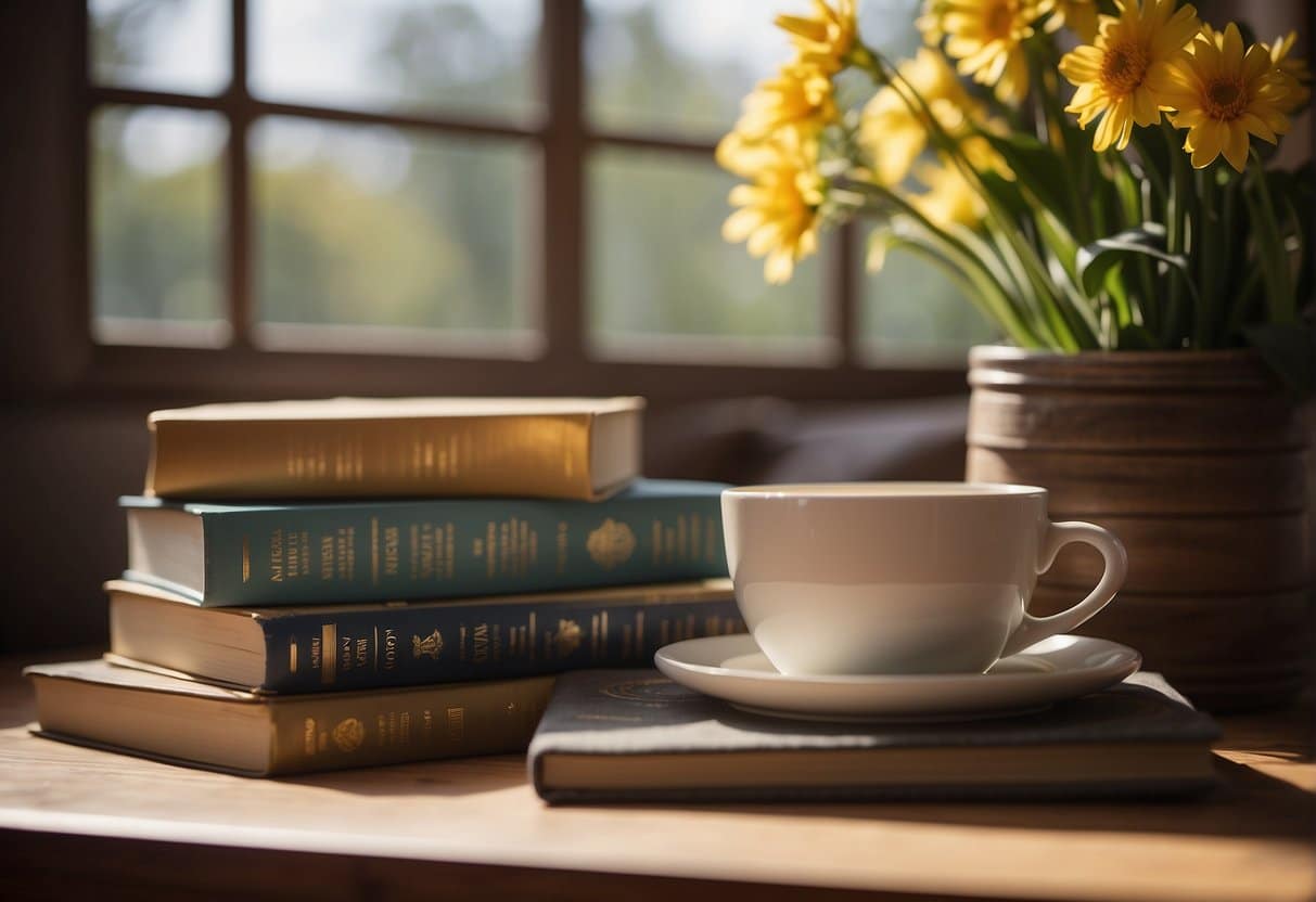 A stack of empowering self-esteem books arranged on a cozy, sunlit reading nook with a warm cup of tea nearby