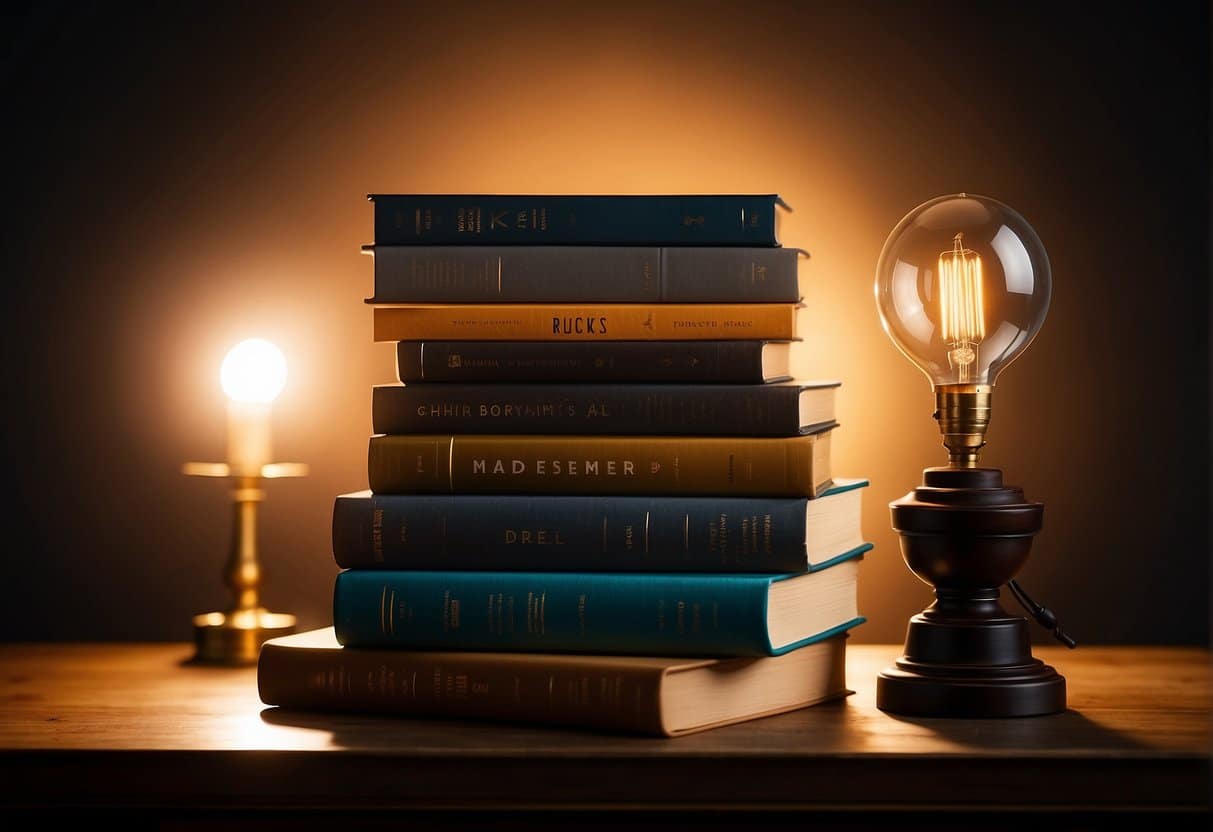 A stack of empowering self-esteem books on a shelf, with a spotlight shining on them, casting a warm glow