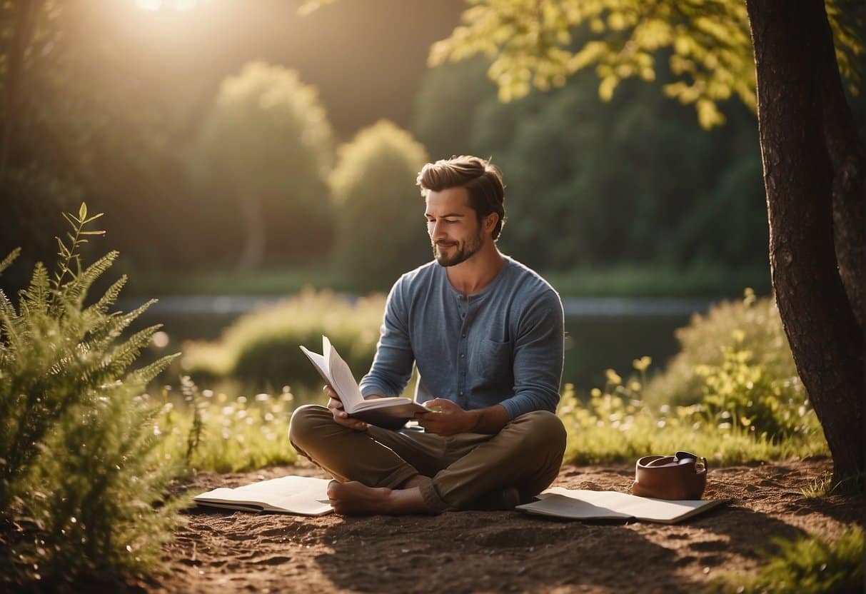 A person sitting in a peaceful setting, surrounded by nature and engaging in self-care activities like journaling or meditation