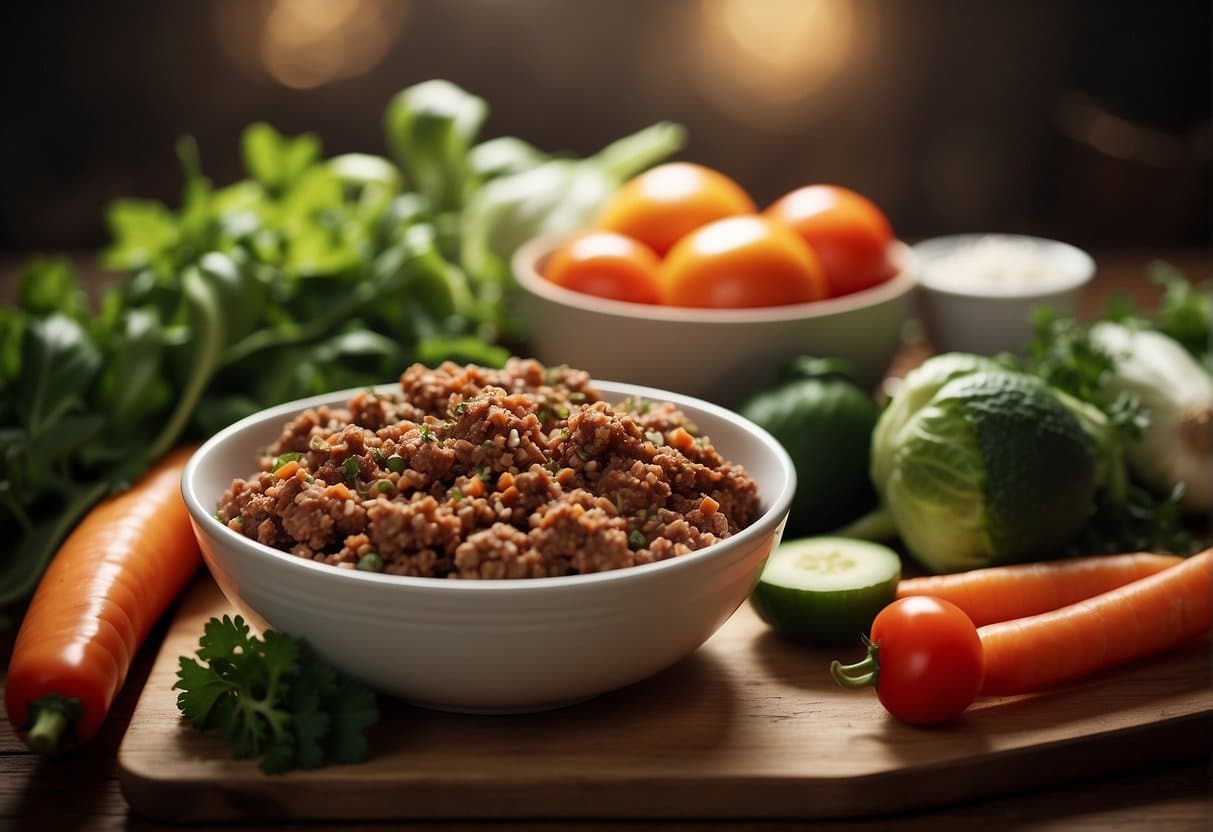 A bowl of plant-based ground meat sits on a wooden cutting board next to a variety of fresh vegetables and herbs