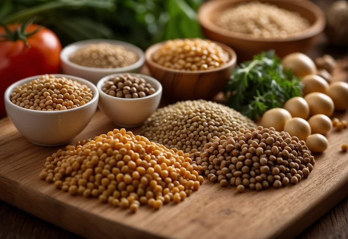 A variety of popular ingredients such as lentils, chickpeas, and mushrooms are neatly arranged on a wooden cutting board, ready to be used in making the best plant-based ground meat