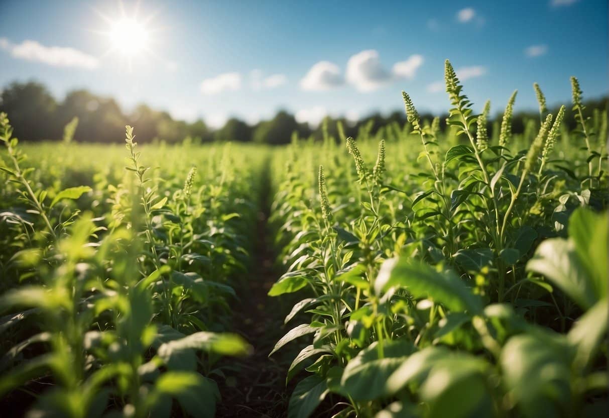 A lush green field with rows of vibrant, healthy plants, surrounded by clear blue skies and a gentle breeze