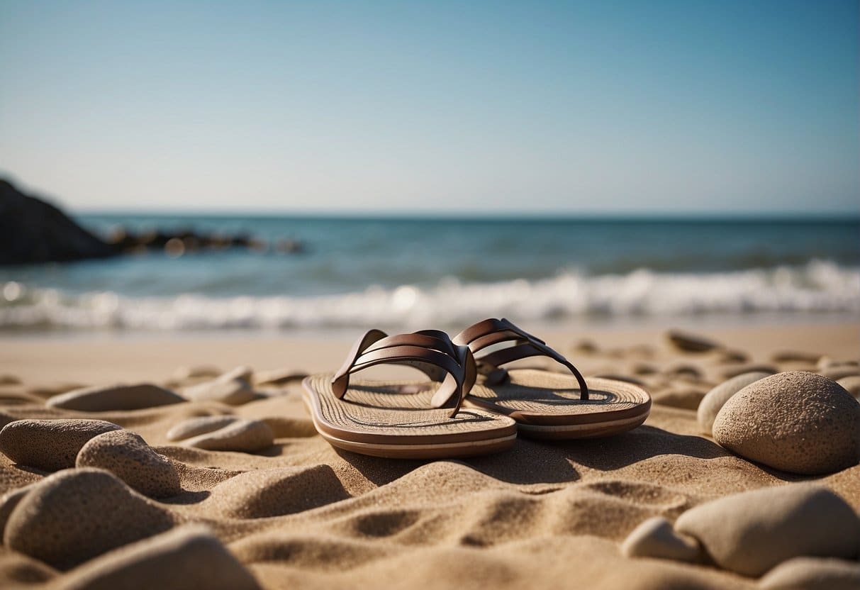 A serene beach with sustainable elements, showcasing men's best badesandaler