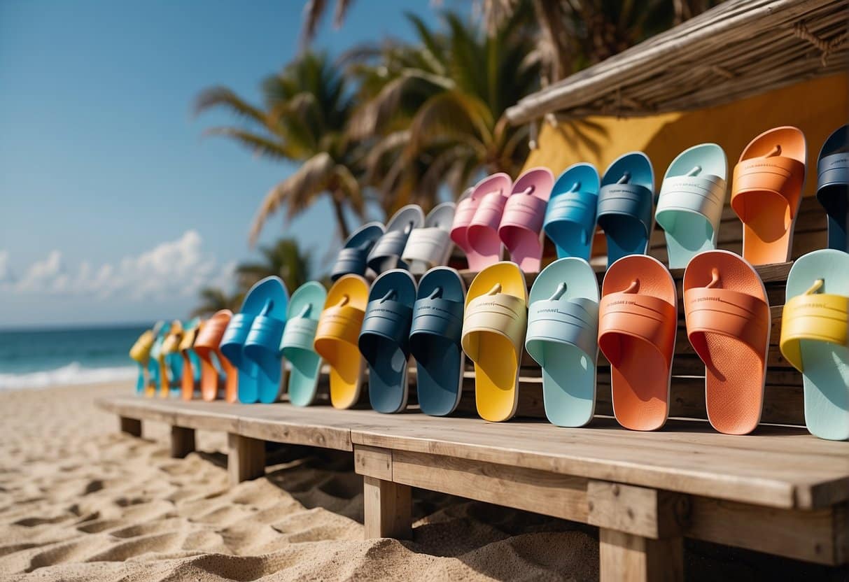 A lineup of top men's beach sandal brands displayed on a beach with waves in the background