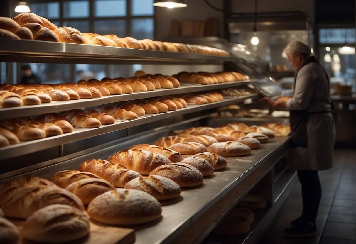 A bustling bakery in Aalborg, filled with the aroma of freshly baked goods. Shelves are lined with artisan bread and pastries, while bakers work diligently in the open kitchen