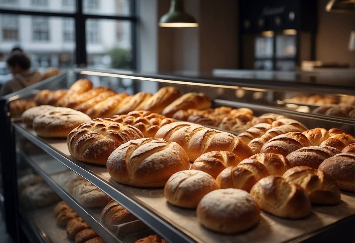 A bustling bakery in Aalborg with fresh bread and pastries on display, customers chatting with the friendly staff, and the aroma of freshly baked goods filling the air