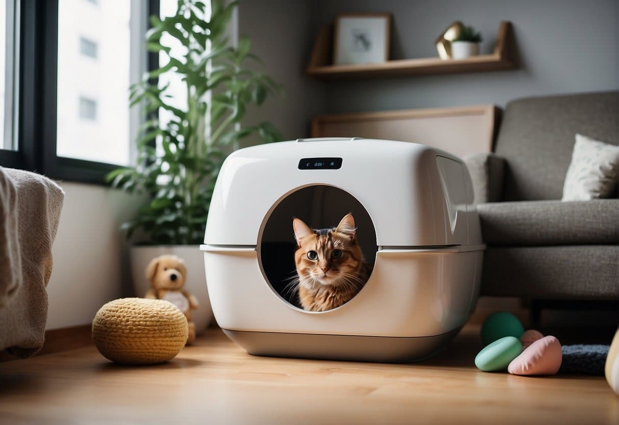 A cozy and secure space with an automatic cat litter box in a quiet corner of the room, surrounded by soft bedding and toys