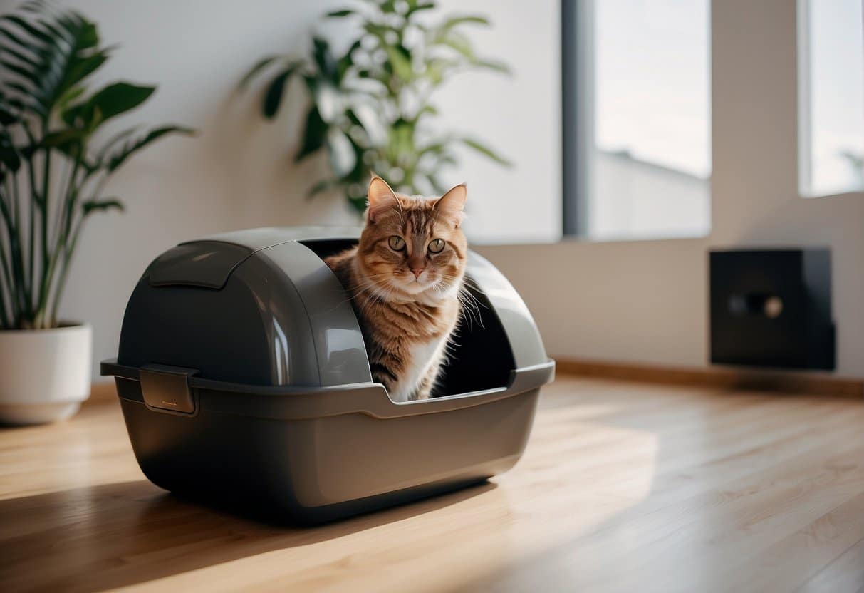 A sleek automatic cat litter box sits in a tidy room, surrounded by clean litter and a contented cat