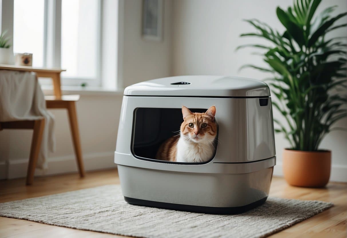 A sleek, modern automatic cat litter box sits in a clean and organized room, with a happy cat confidently using it