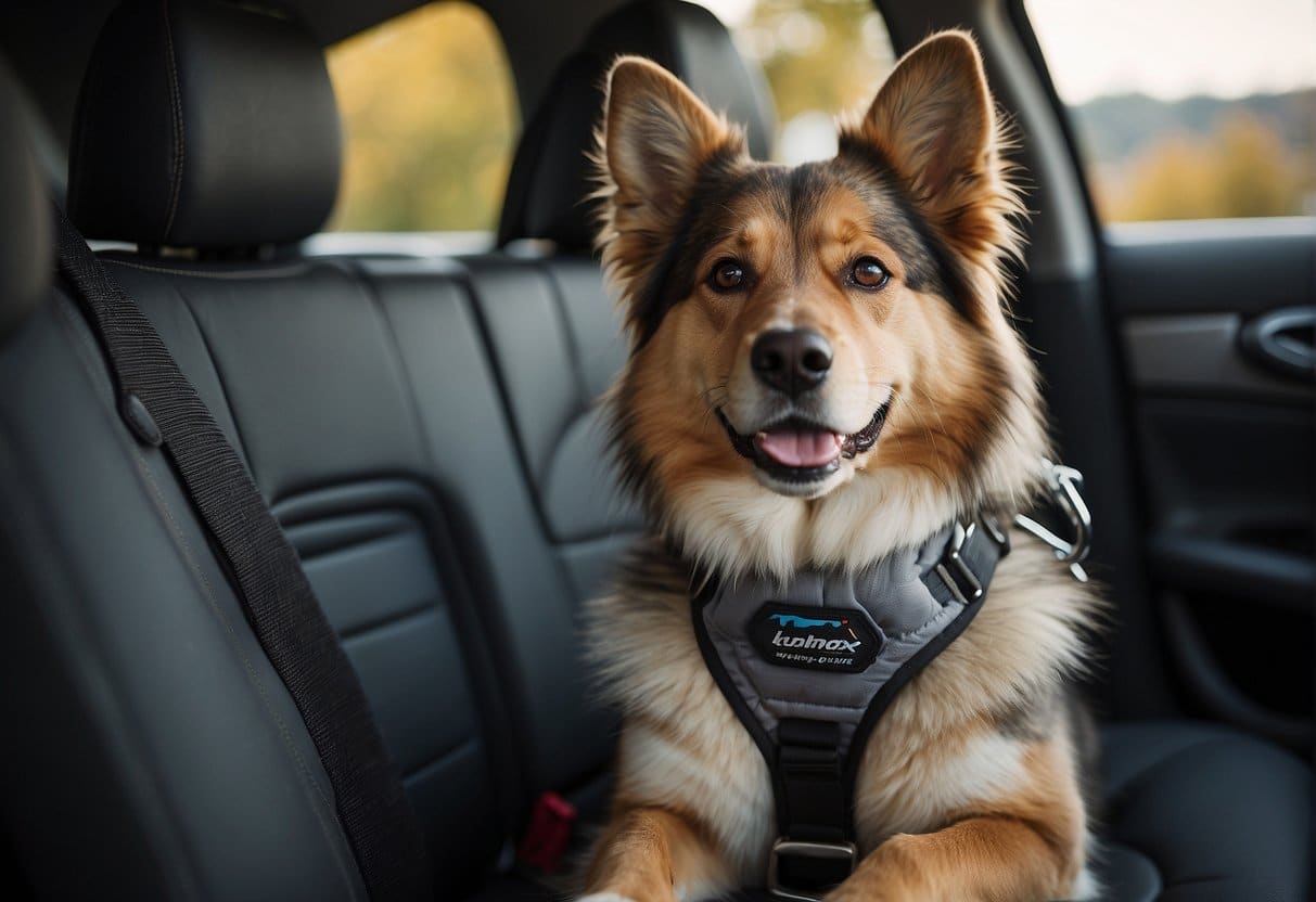 A dog sits calmly in a car seat, secured by a sturdy harness. The seat is comfortable and spacious, with a soft cushion and adjustable straps