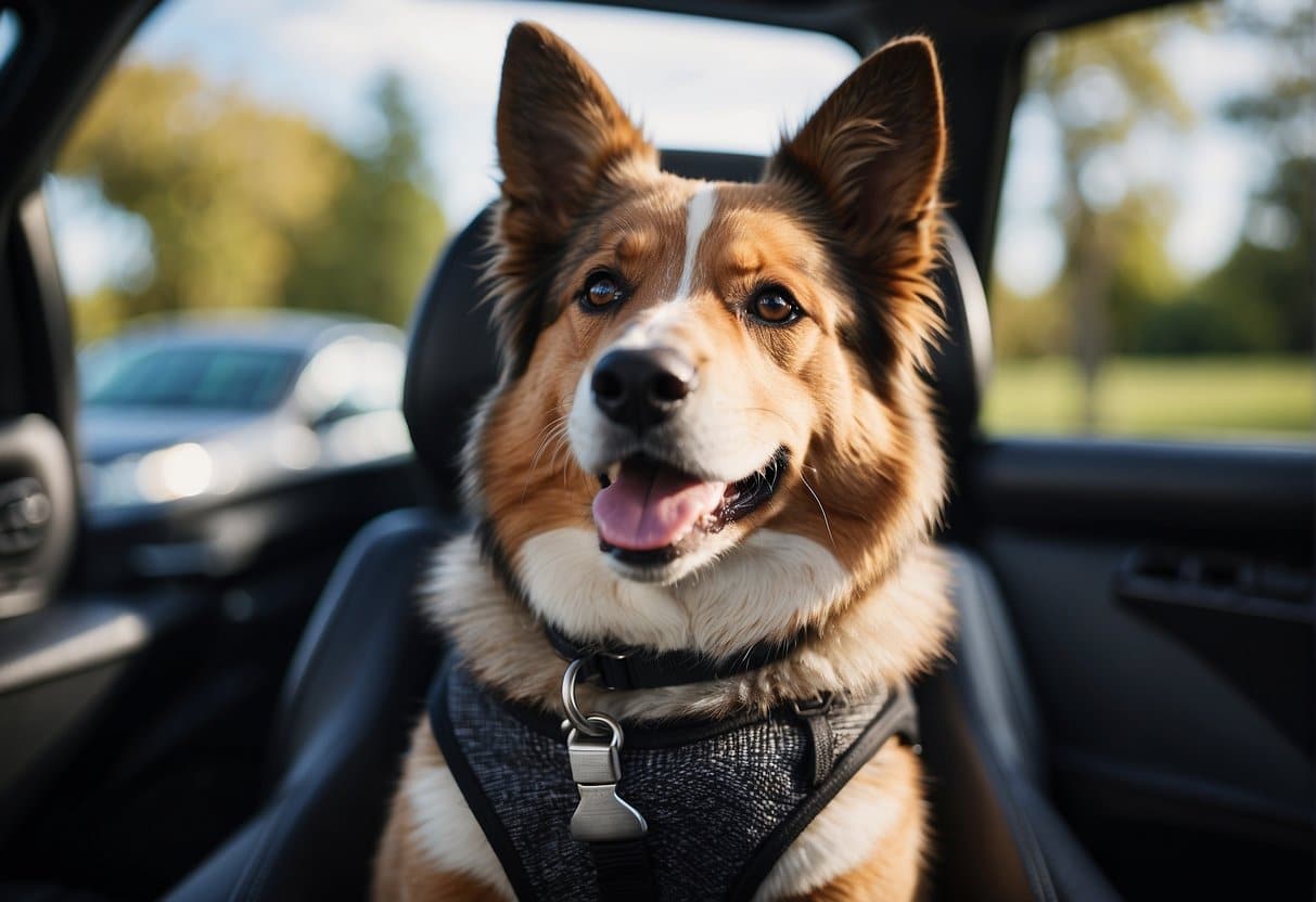 A dog sits comfortably in a secure car seat with safety features, enjoying the ride