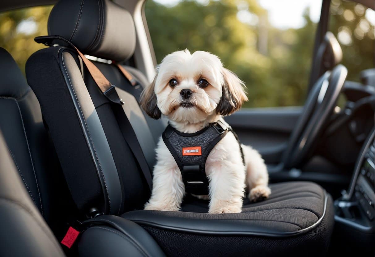 A dog car seat with adjustable straps and a safety harness attached