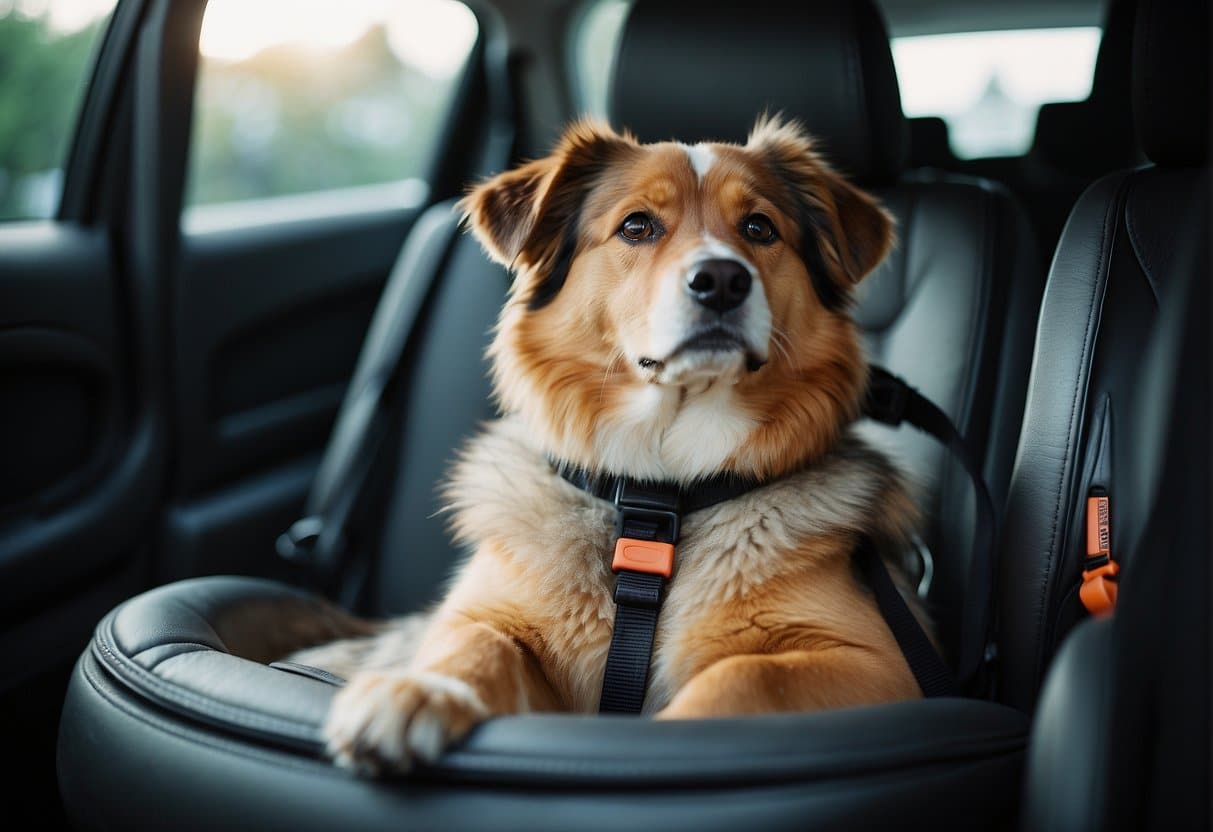 A dog sits comfortably in a secure car seat, with a leash attached for safety. The seat is installed in the back seat of the car, and the dog looks relaxed and content