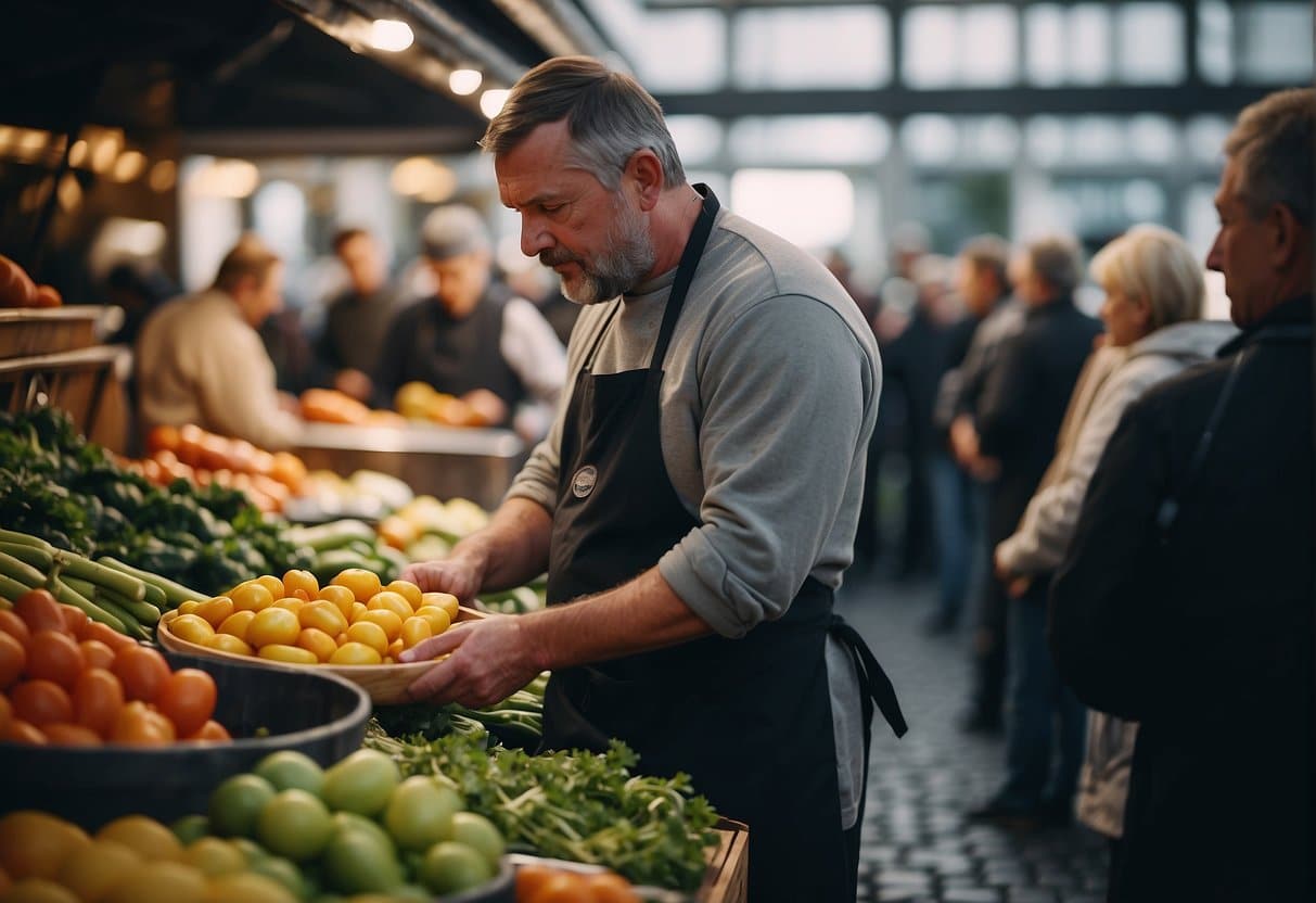 A bustling food market in Denmark with colorful stalls and fresh produce. A chef prepares a traditional Danish dish while a crowd of people sample local delicacies