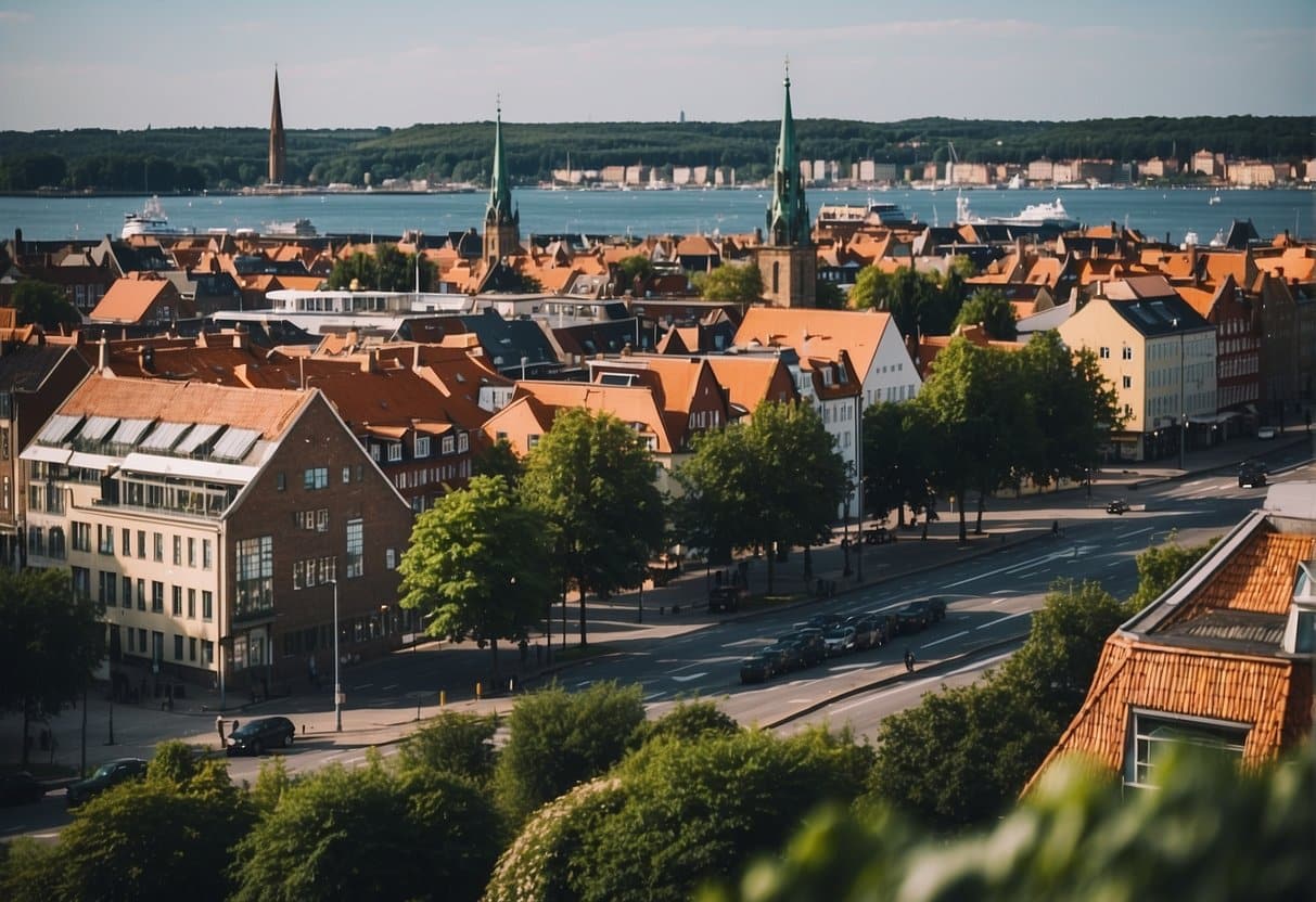 Aerial view of Jylland's best cities in Denmark, with colorful buildings, winding streets, and bustling waterfronts