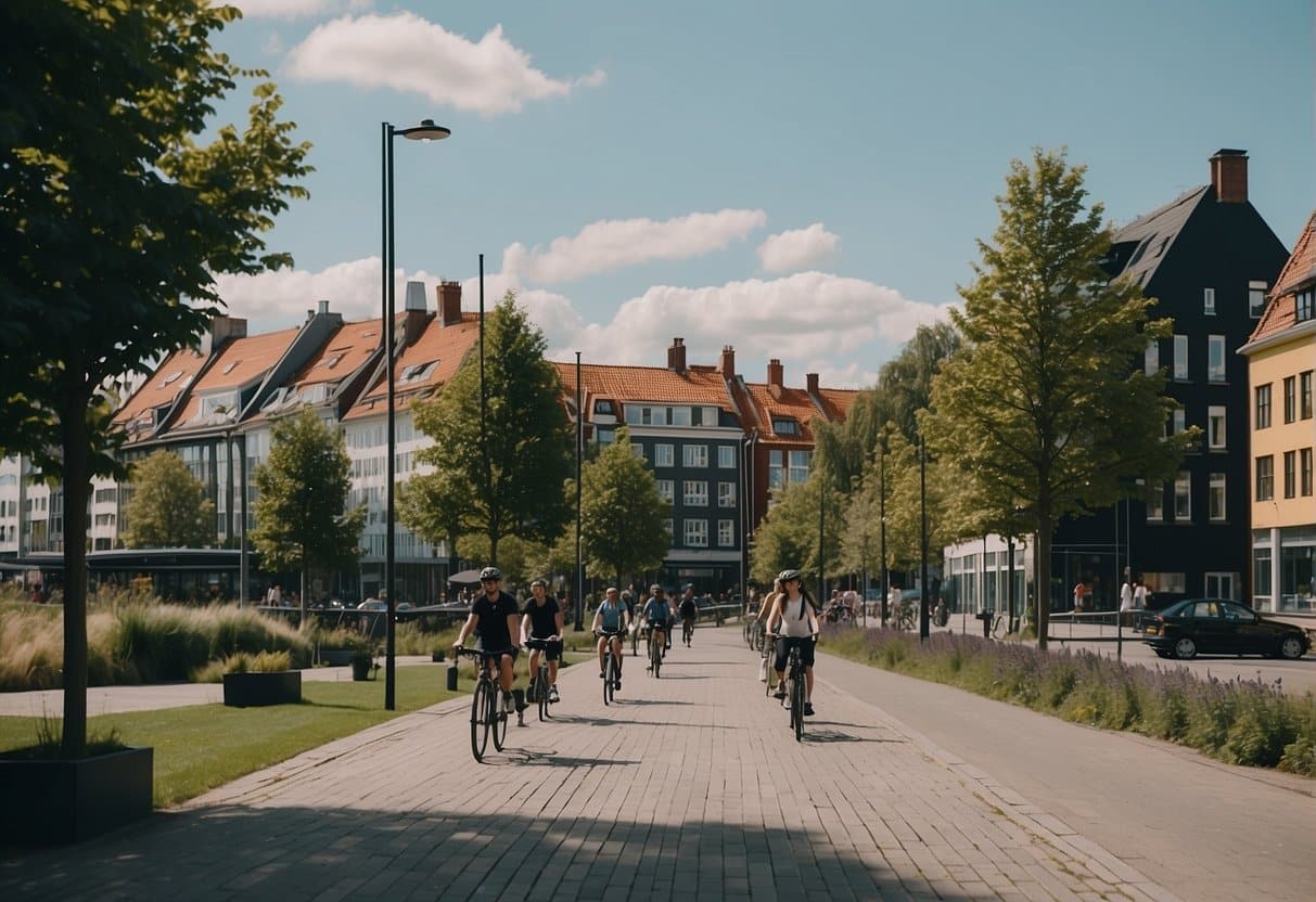 A tranquil Danish city with green parks, bike lanes, and clean streets. Sustainable buildings blend with nature, creating a harmonious urban environment