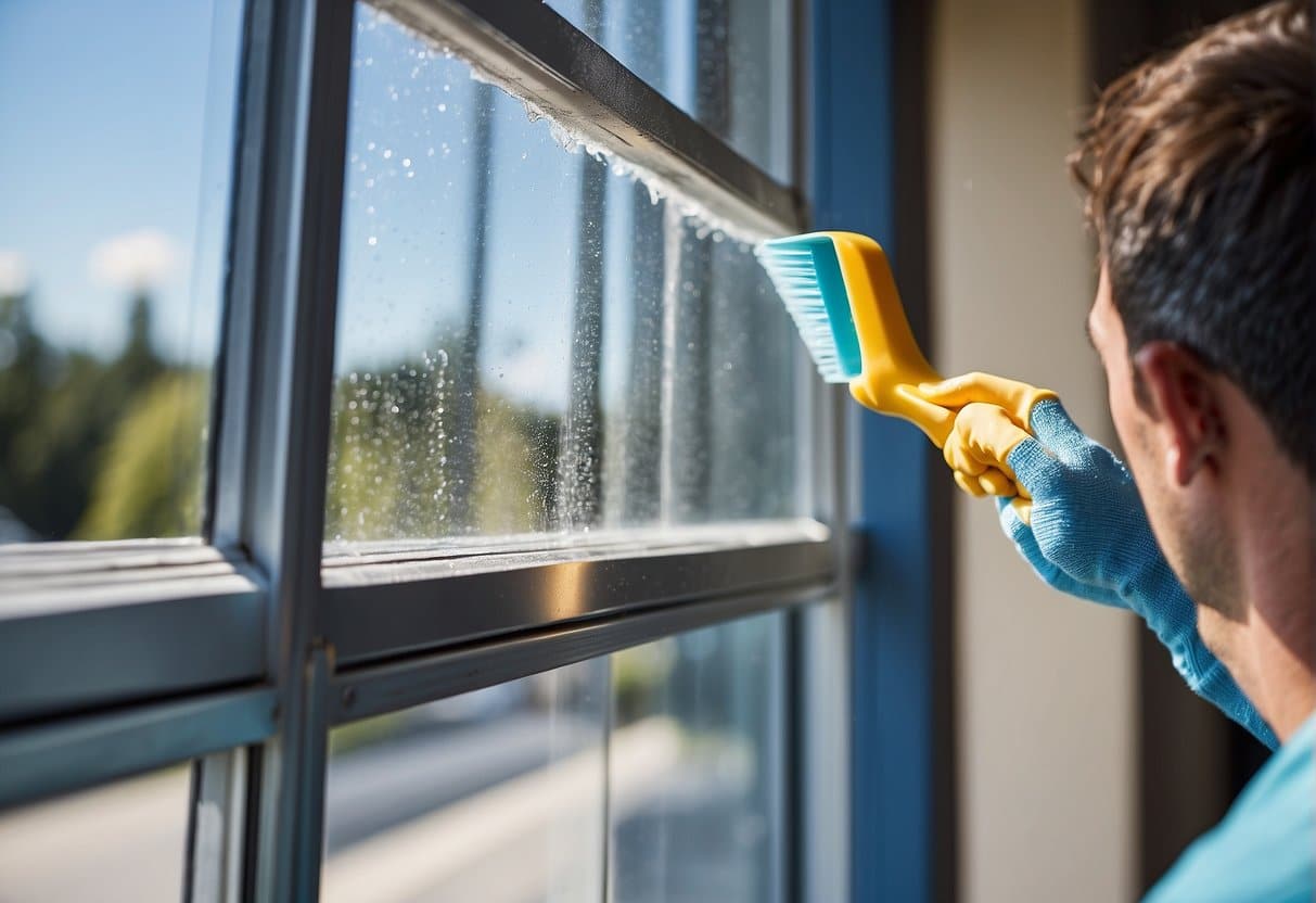 A person cleaning a window with a squeegee and soapy water, streak-free results, clear blue sky in the background