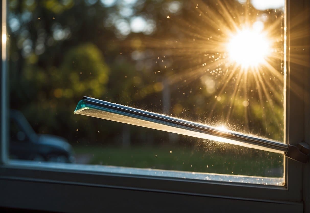 A window being cleaned with a squeegee, leaving streak-free glass. The sun is shining, casting a warm glow on the freshly cleaned window