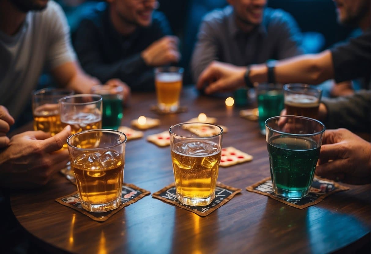 A table with various drinking games set up, surrounded by lively and enthusiastic participants