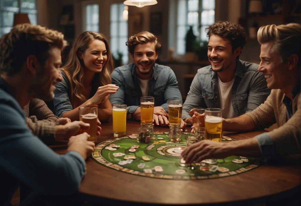 A group of friends sit around a table with various drinks and game pieces, laughing and enjoying a lively game of "Særlige Situationer Bedste Drukspil"