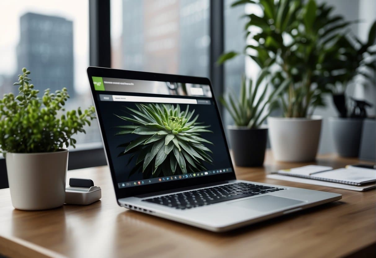 A laptop with a sleek design sits on a modern desk, surrounded by office supplies and a plant. The screen displays a well-designed website for a webshop solution