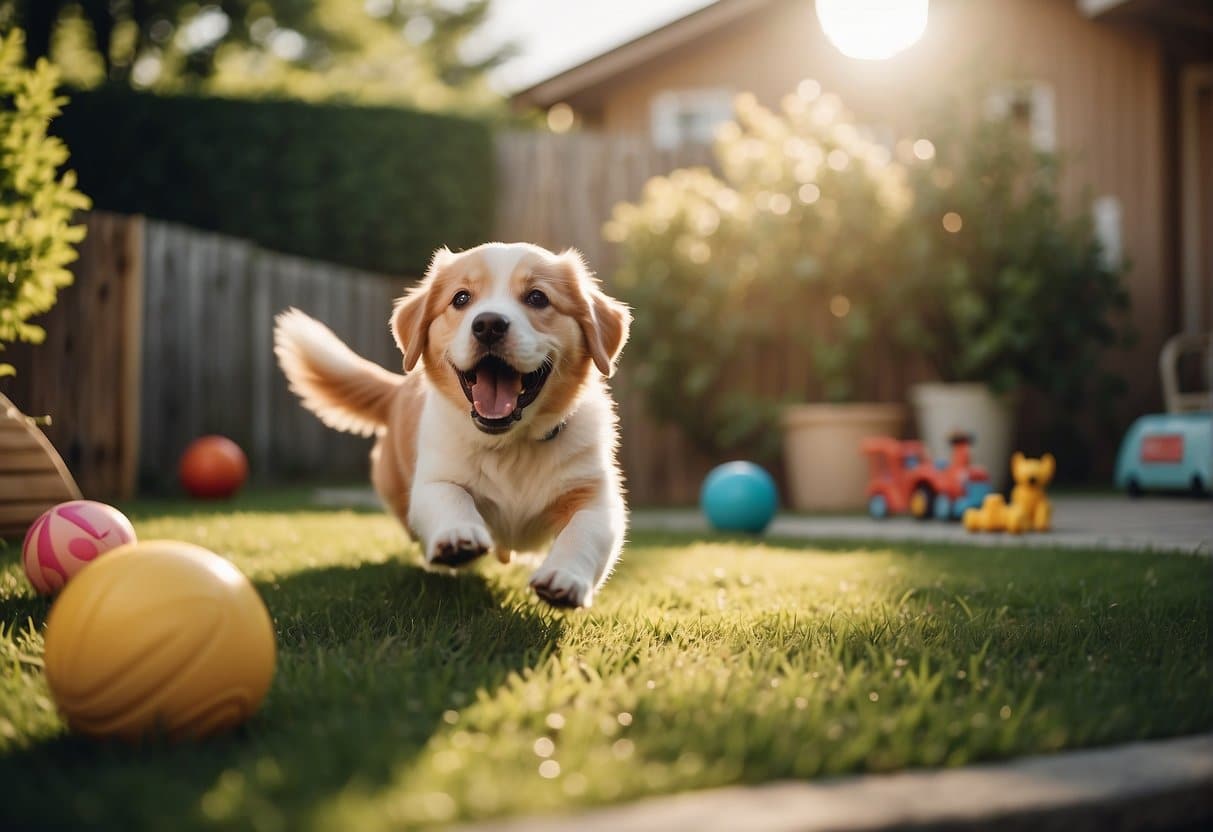 A happy family dog playing in a spacious backyard, surrounded by lush greenery and children's toys