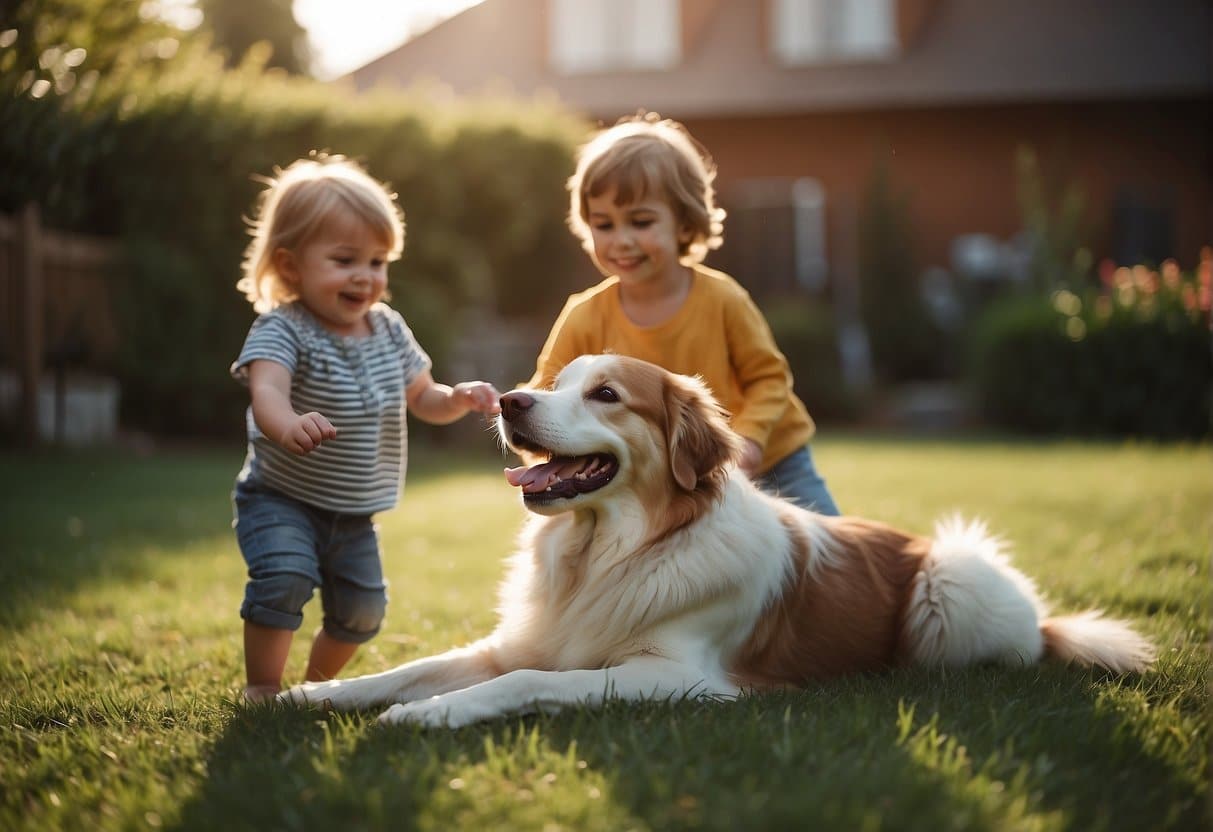 A happy family dog playing with children in a sunny backyard