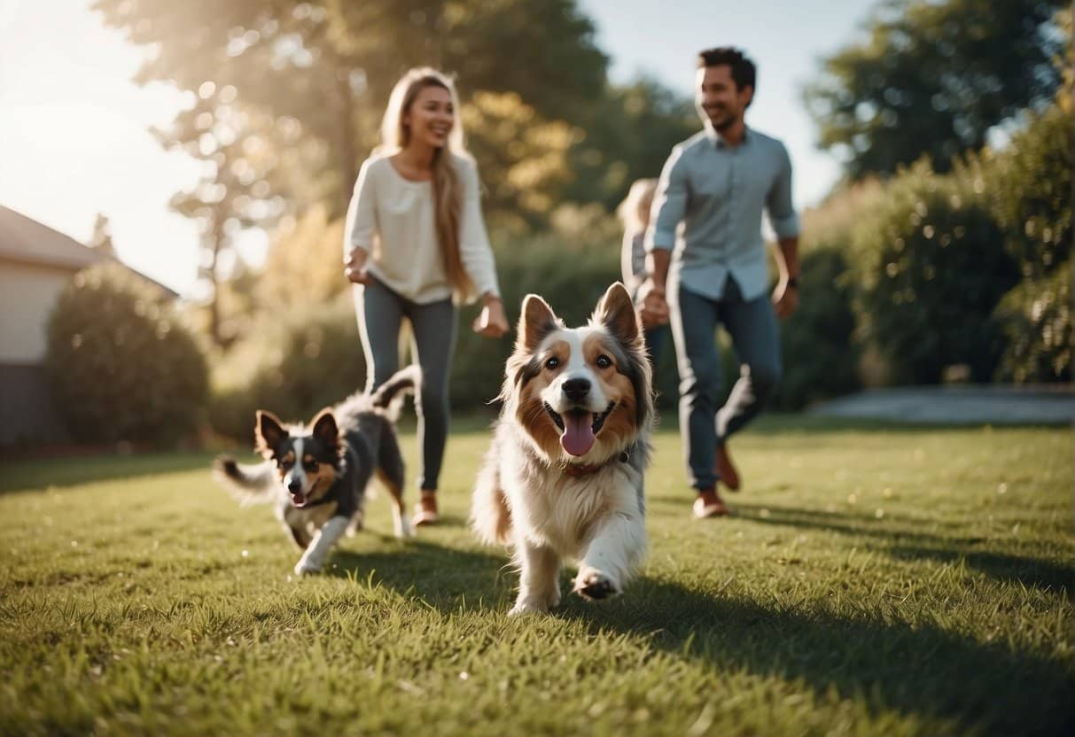 A happy family playing with a friendly dog in a spacious, green backyard