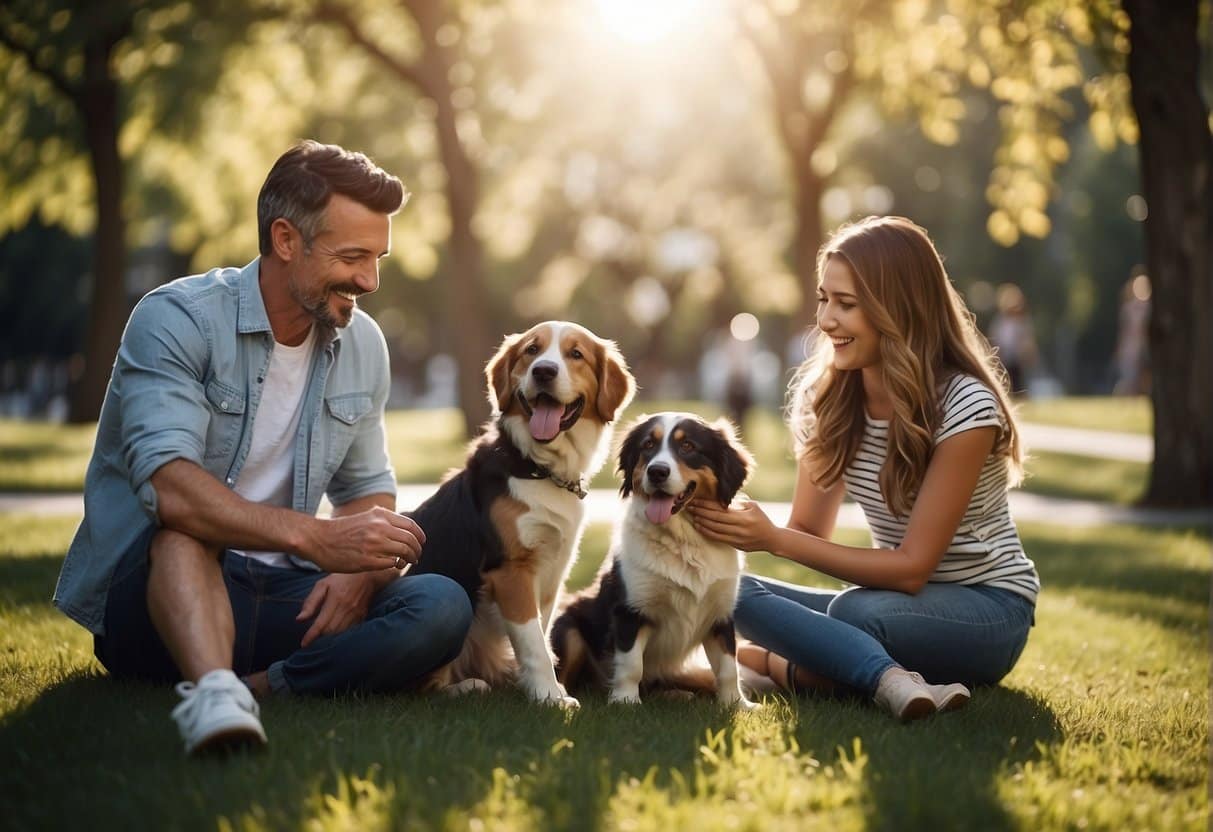 A happy family playing with their new adopted dog in a park