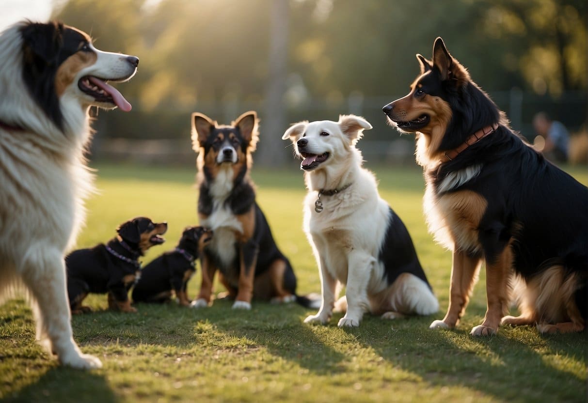 A group of dogs of various breeds and sizes are participating in a training and socialization session, interacting with each other and their trainers in a friendly and playful manner