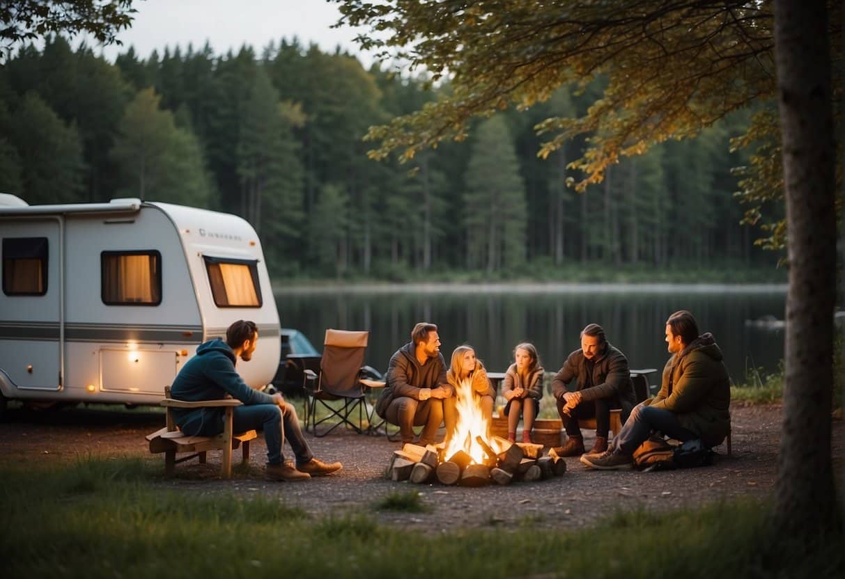 A family sits around a crackling campfire, roasting marshmallows under the starry Danish sky, surrounded by lush greenery and cozy tents