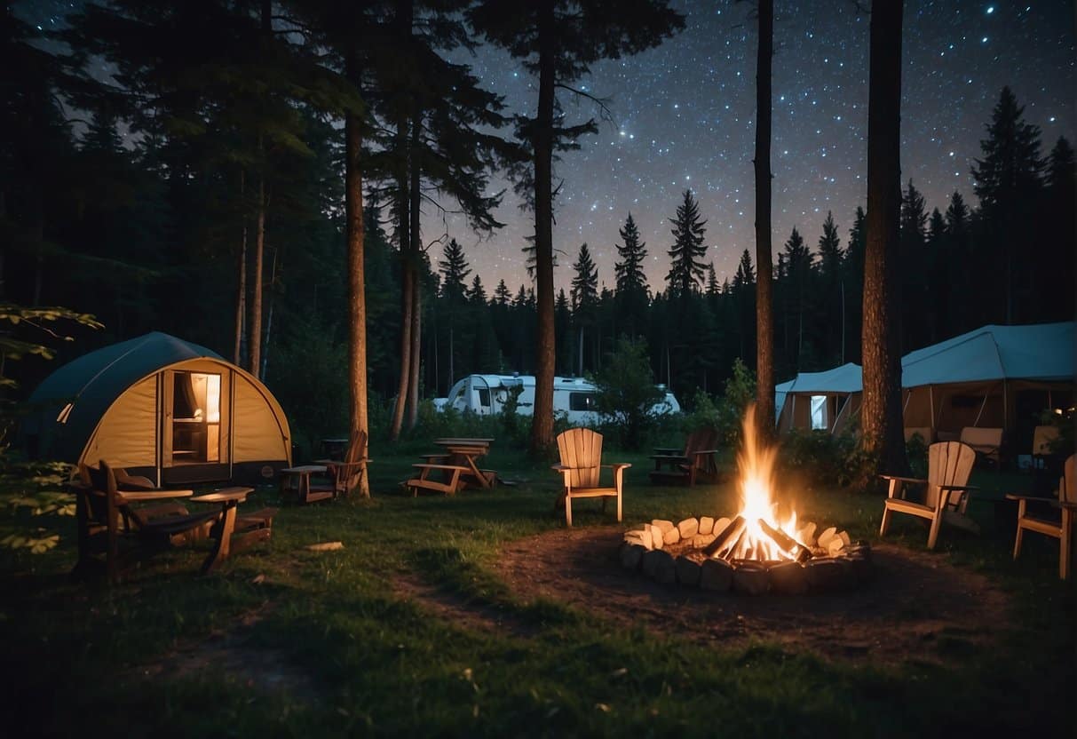 A serene Danish campsite with lush greenery, cozy cabins, and a crackling campfire under a starry night sky