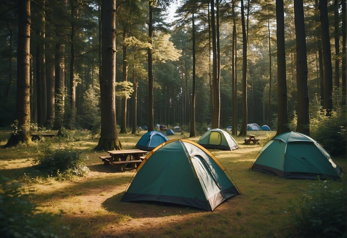 A serene camping site in Denmark with lush greenery, a cozy campfire, and tents nestled among the trees, creating a peaceful and inviting atmosphere